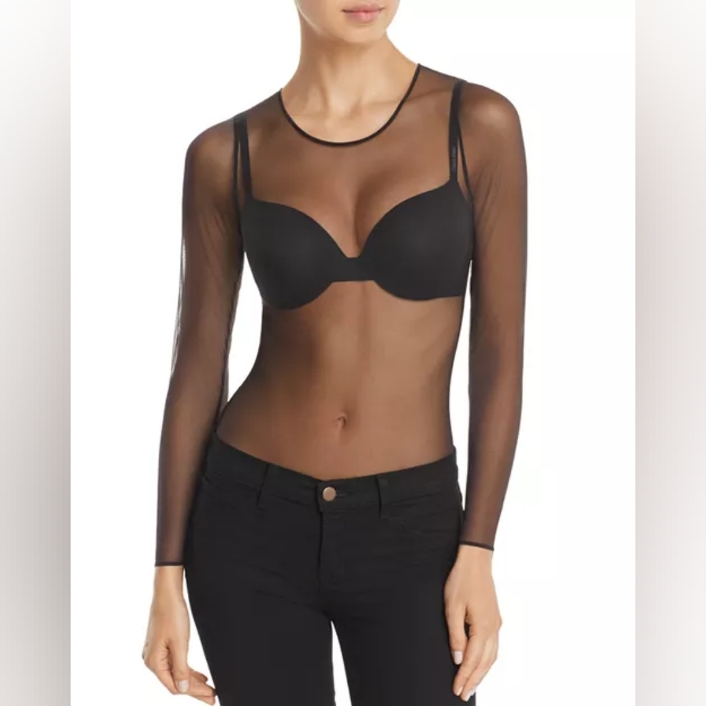 SPANX Sheer Black Long Sleeve Bodysuit Mesh Size Small